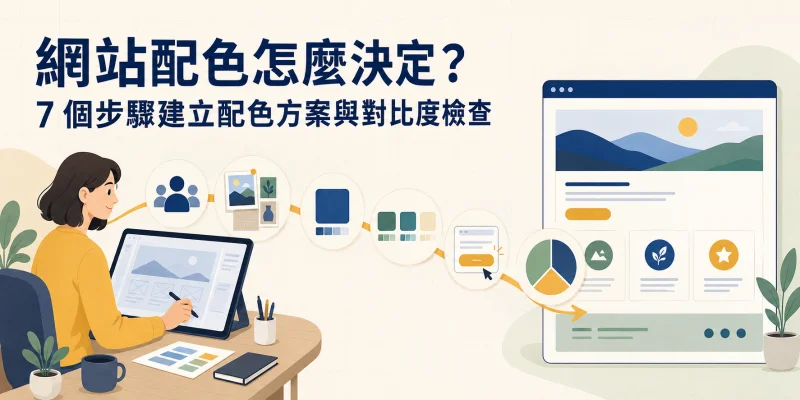 網站配色設計流程圖，呈現從了解目標客群、建立品牌風格、選擇主色與輔色，到配置色彩比例及檢查對比度的 7 個步驟。