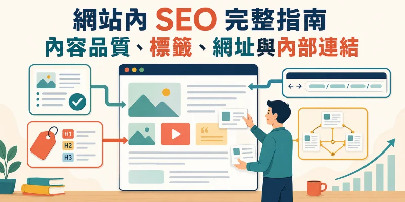 網站內 SEO 完整指南，呈現內容品質、標籤結構、網址規劃與內部連結共同優化網站頁面。