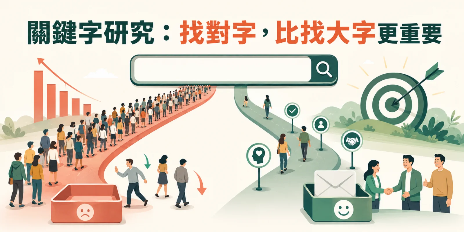 關鍵字研究示意圖，對比高搜尋量卻無法成交的錯誤選字，以及搜尋量較低但能穩定帶來詢問的精準關鍵字。