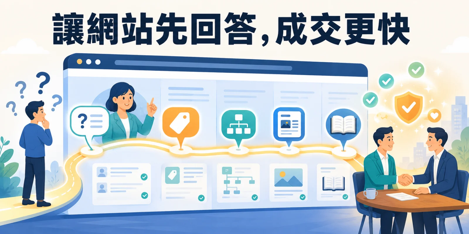 內容行銷縮短銷售週期示意圖，網站透過常見問題、價格、流程、案例與教學內容先解答客戶疑問，逐步建立信任並促成合作。