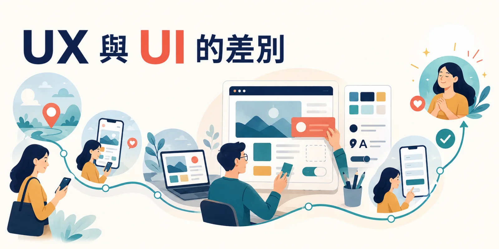 UX 與 UI 的差別示意圖，以完整使用者旅程呈現 UX，並以版面、配色、文字與操作元件呈現 UI。