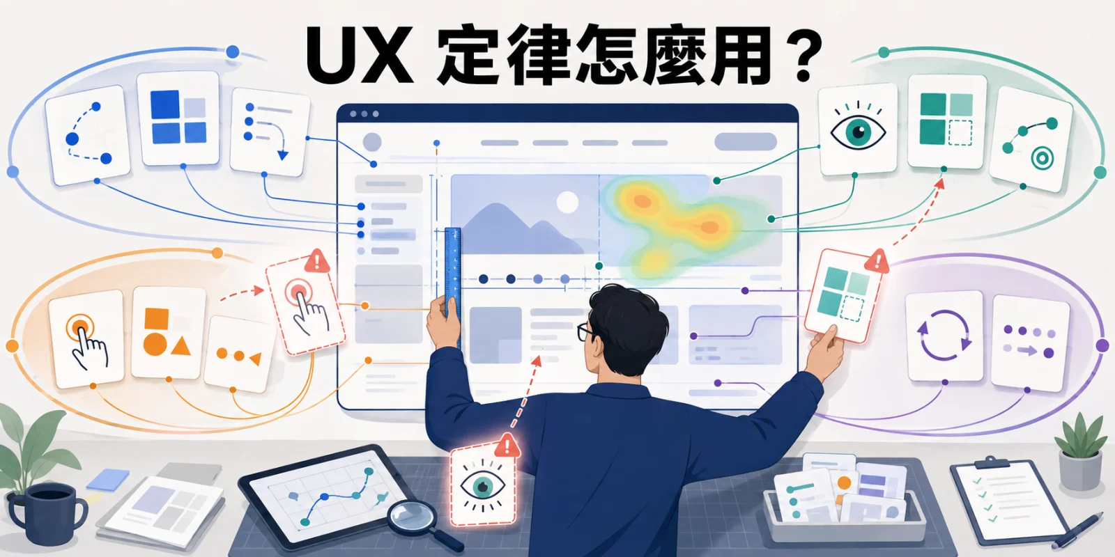 11 條 UX 定律網站應用示意圖，設計師依四類規則分析網頁版面、操作路徑與視覺熱區，並校正常見的三種 UX 定律誤用。