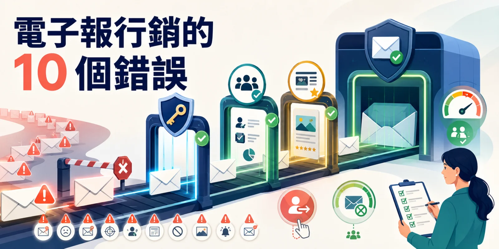 電子報行銷常見錯誤示意圖，呈現寄件驗證、名單品質、內容檢查、一鍵退訂與垃圾郵件回報率等收件匣規範。