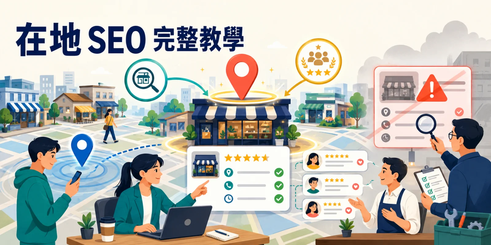 在地 SEO 完整教學示意圖，呈現相關性、距離與知名度三項排名依據，以及商家資訊、評論經營與停權排查。