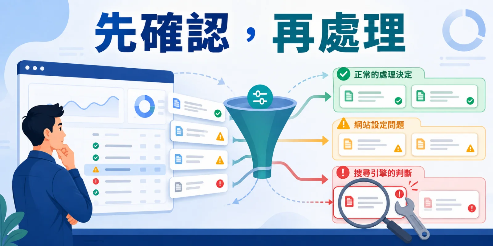 Search Console 網頁索引警告檢查示意圖，以放大鏡篩選需要收錄的頁面，判斷哪些網址需要修正、哪些可不處理。