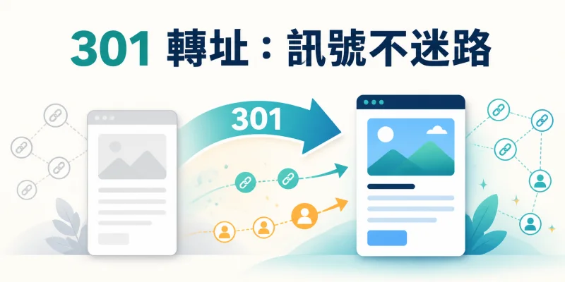 301 轉址示意圖，舊網址將訪客與 SEO 訊號完整導向新網址。