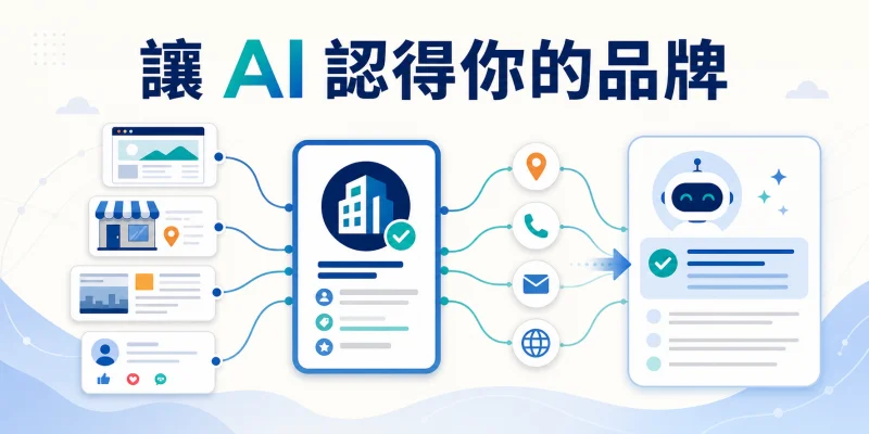 品牌實體建立示意圖，整合網站與商家資訊讓 AI 正確辨識品牌。