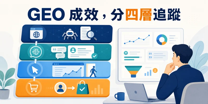 GEO 成效追蹤示意圖，分層衡量檢索、AI 引用、流量與商業轉換。