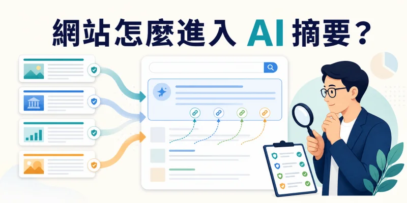 AI 摘要引用示意圖，可信網站內容被選入搜尋結果並標示來源連結。