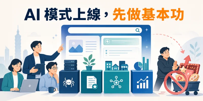 Google AI 模式因應策略示意圖，台灣企業先強化技術、內容與數據基礎。