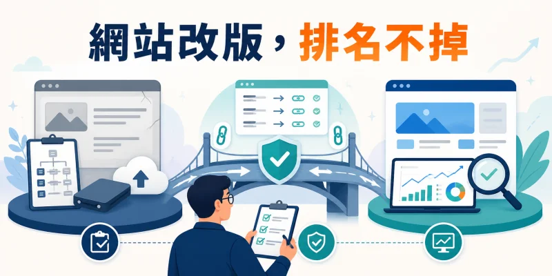 網站改版 SEO 檢查示意圖，串連改版前盤點、轉址設定與上線後監測。