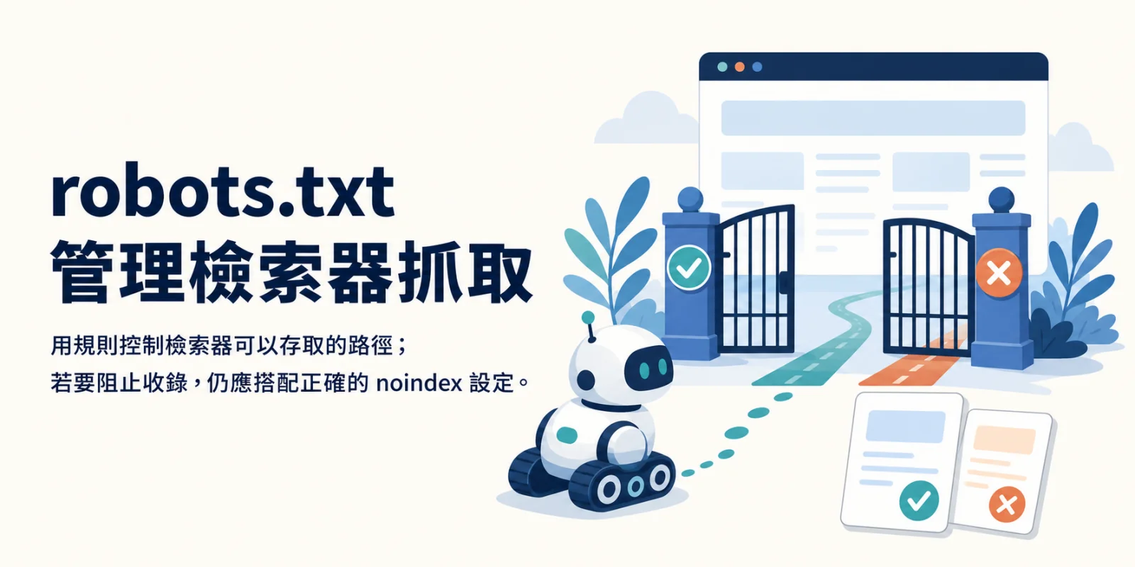 robots.txt 控制檢索器抓取路徑並搭配 noindex 管理收錄的示意圖。