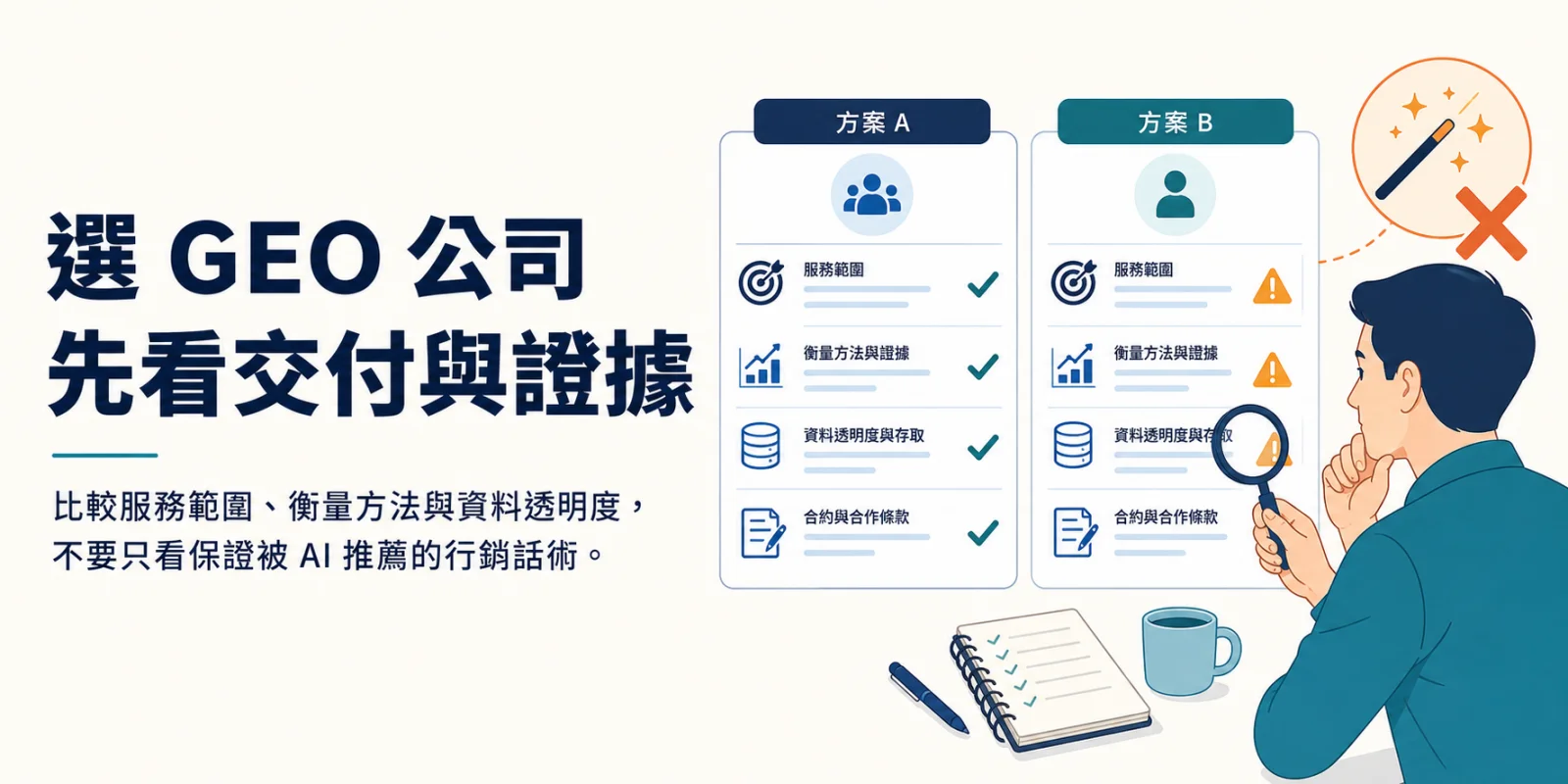 客戶比較 GEO 公司服務範圍、衡量證據、資料透明度與合約條款的圖解。