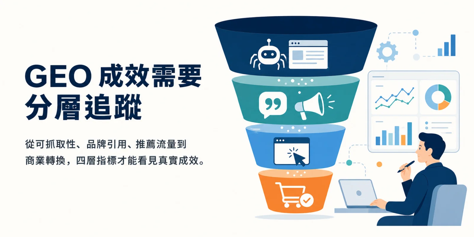 GEO 成效從可抓取性、品牌引用、推薦流量到商業轉換的四層漏斗圖。